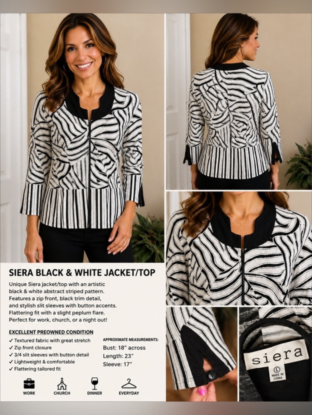 Vintage Siera Black & White Striped Abstract Jacket/Top